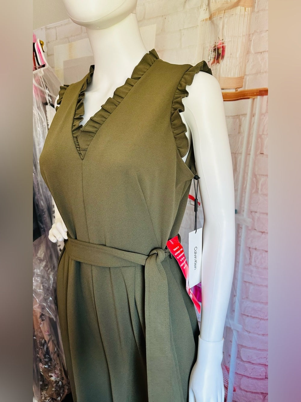 Calvin Klein Olive Green Ruffle Wide Leg Belted Jumpsuit