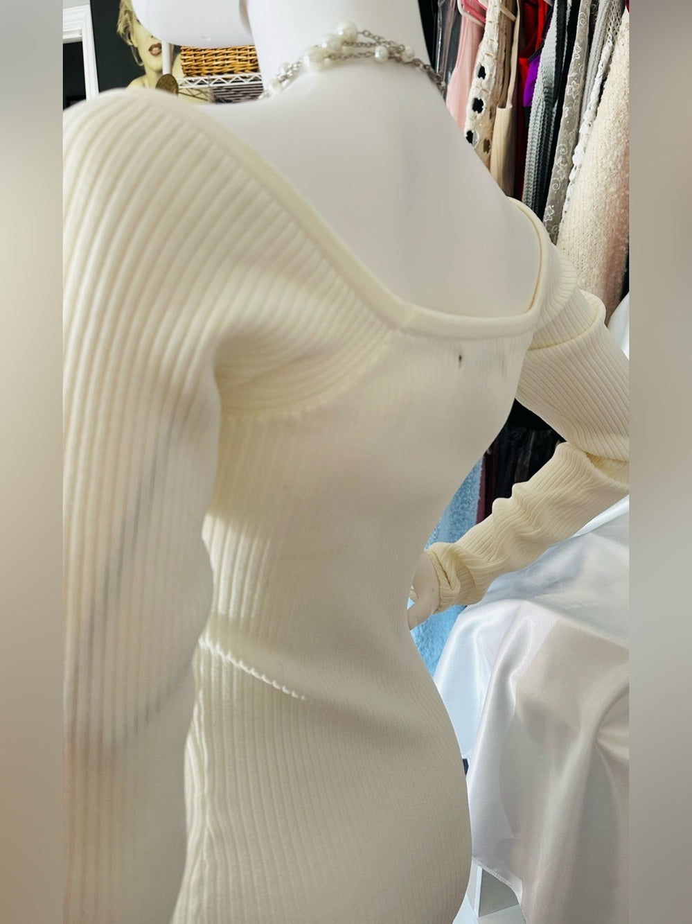 Forever 21 Ivory Shimmer Ribbed Knit Off Shoulder Midi Dress