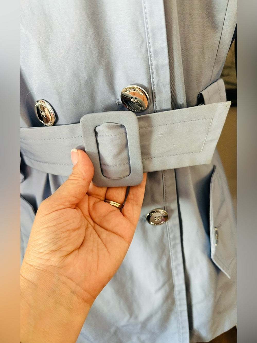Calvin Klein Light Blue Belted Double Breasted Trench Coat