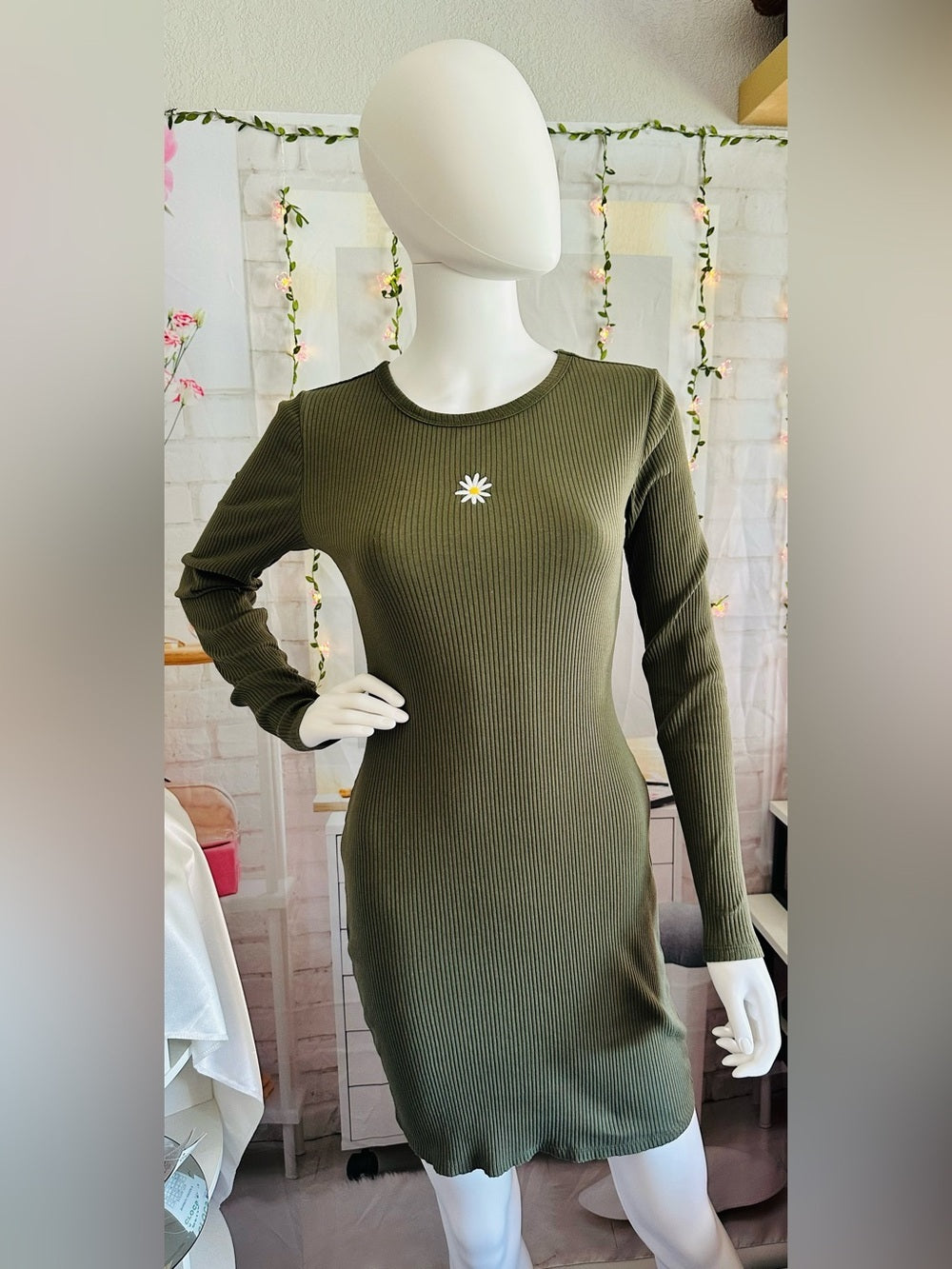 wild fable Olive Ribbed Long Sleeve Bodycon Dress with Daisy Patch