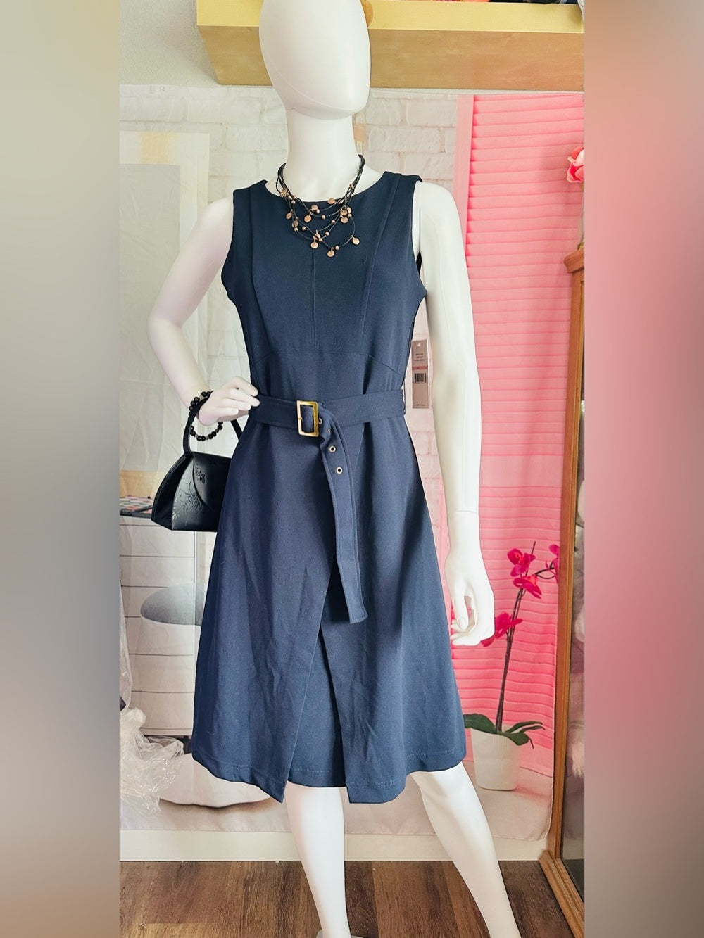 Nanette Lepore Navy Belted Fit & Flare Midi Dress