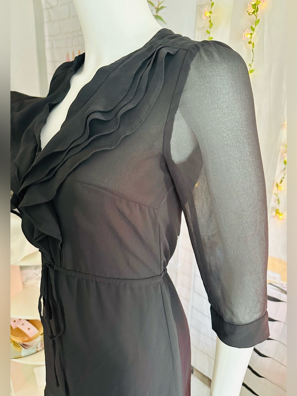 H&M Black Ruffle Tunic Mini Dress Sheer Sleeve Tie Waist