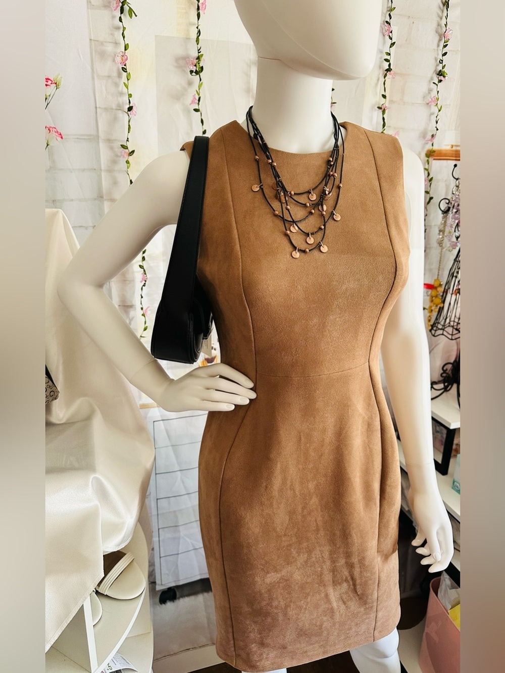 Calvin Klein Faux Suede Sheath Dress Camel Tan Sleeveless