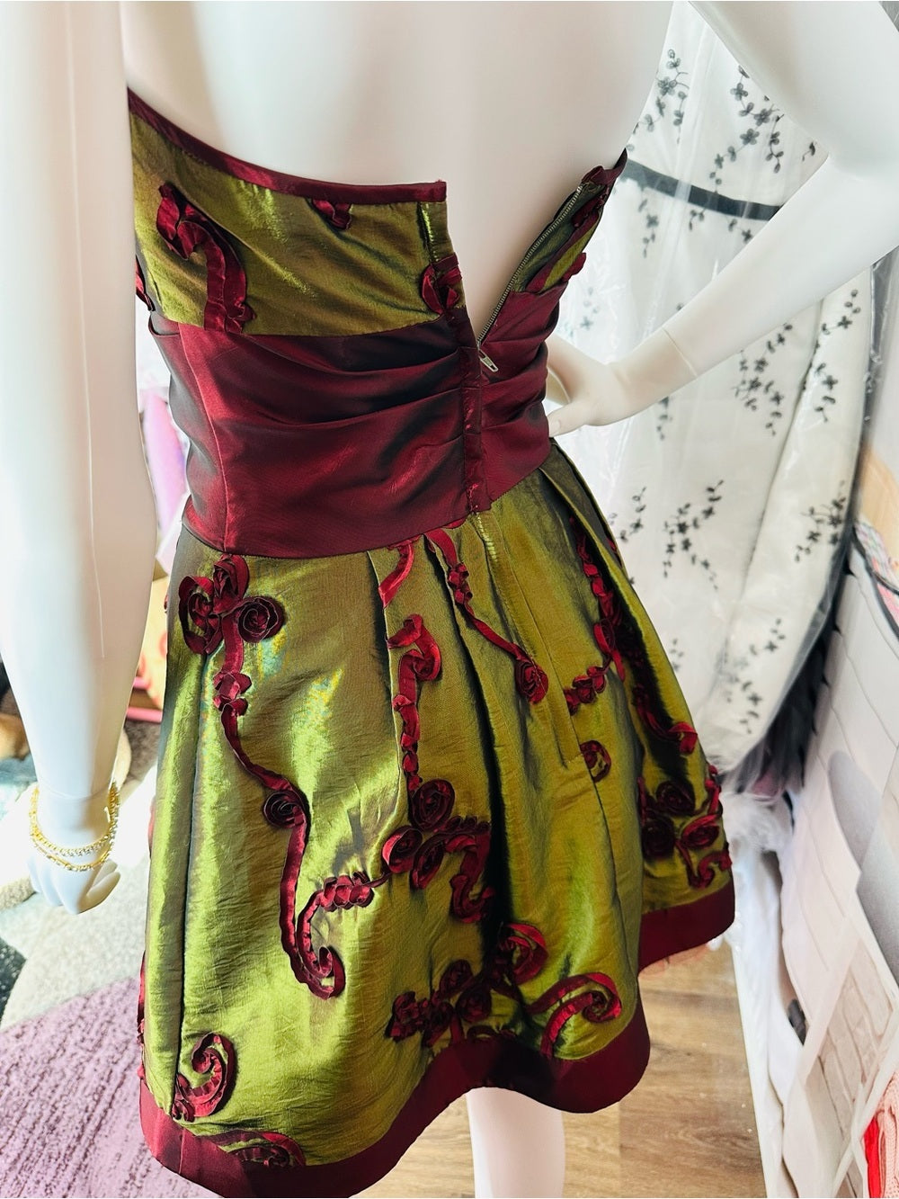 Jessica McClintock Olive & Burgundy Strapless Fit-and-Flare Party Dress