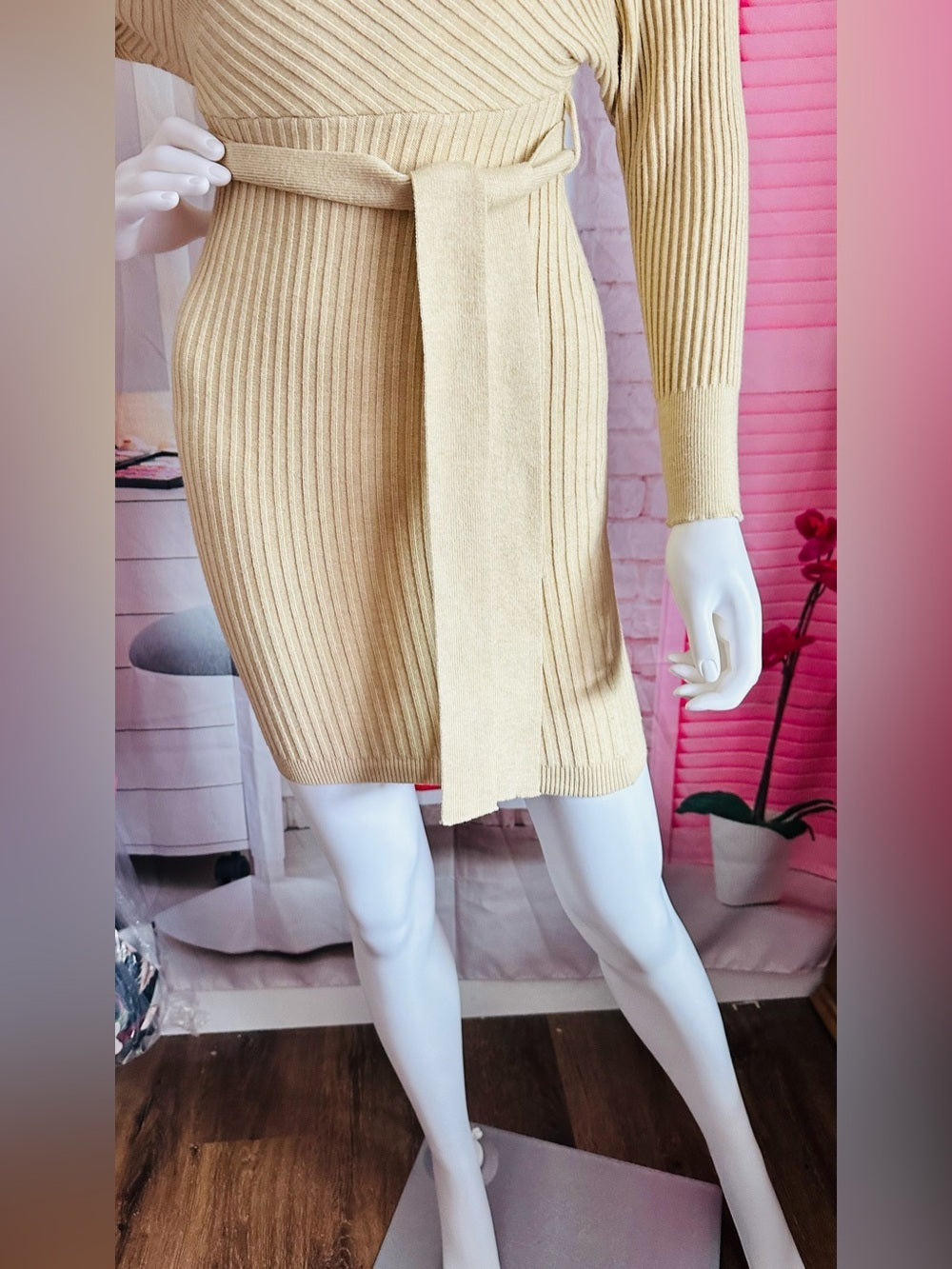 Windsor Tan Ribbed Knit Wrap Belted Sweater Mini Dress