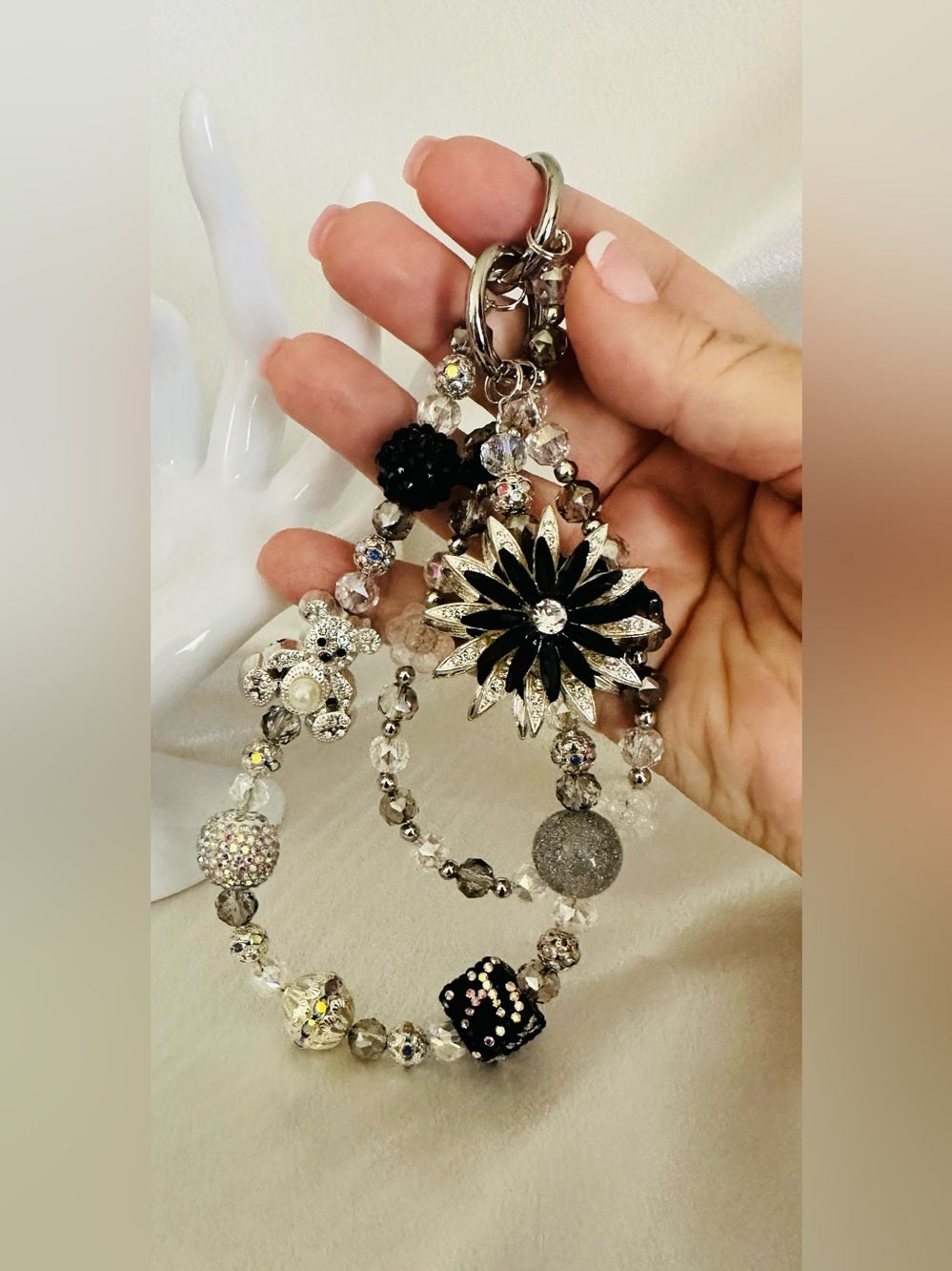 Black Silver Rhinestone Floral Beaded Purse Charm Bag Accessory