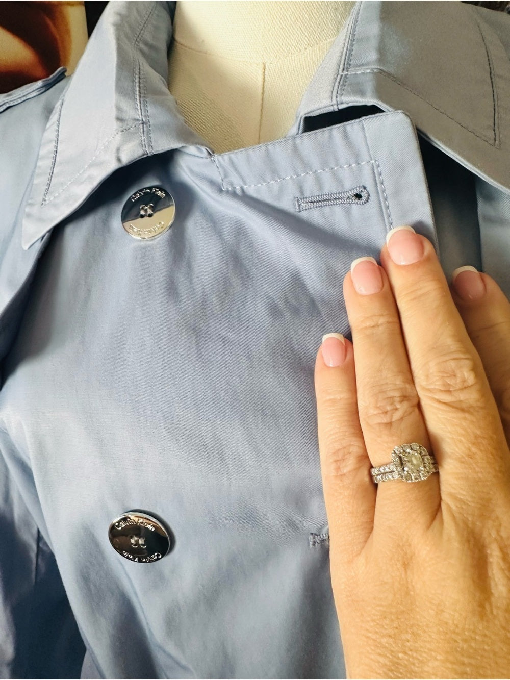 Calvin Klein Light Blue Belted Double Breasted Trench Coat