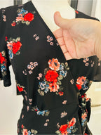 Meraki Black Floral Wrap Peplum Blouse Tie Waist Flutter Sleeve