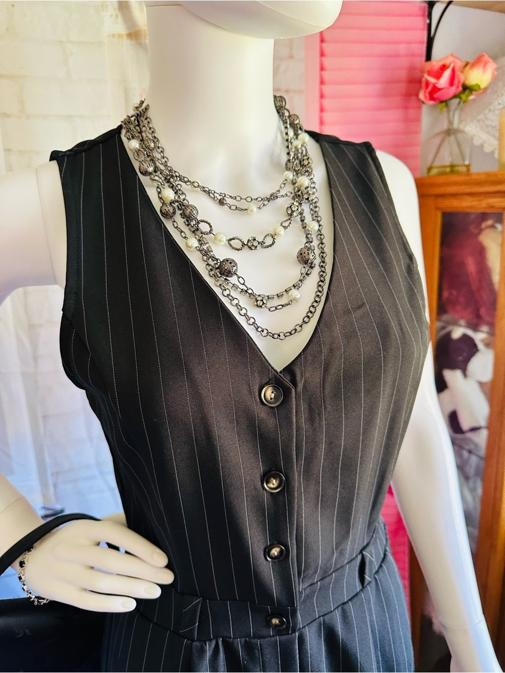 Monteau Black Pinstripe Sleeveless Wide Leg Jumpsuit