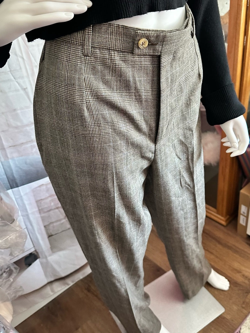 Barry Bricken Women's Brown Multi Plaid 100% Wool Straight Leg Pants