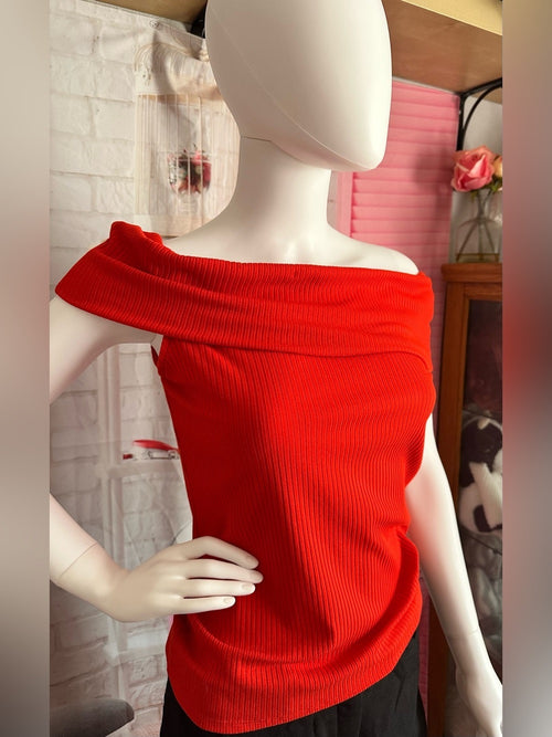 a new day Off-the-Shoulder Ribbed Sweater Top in Bright Red