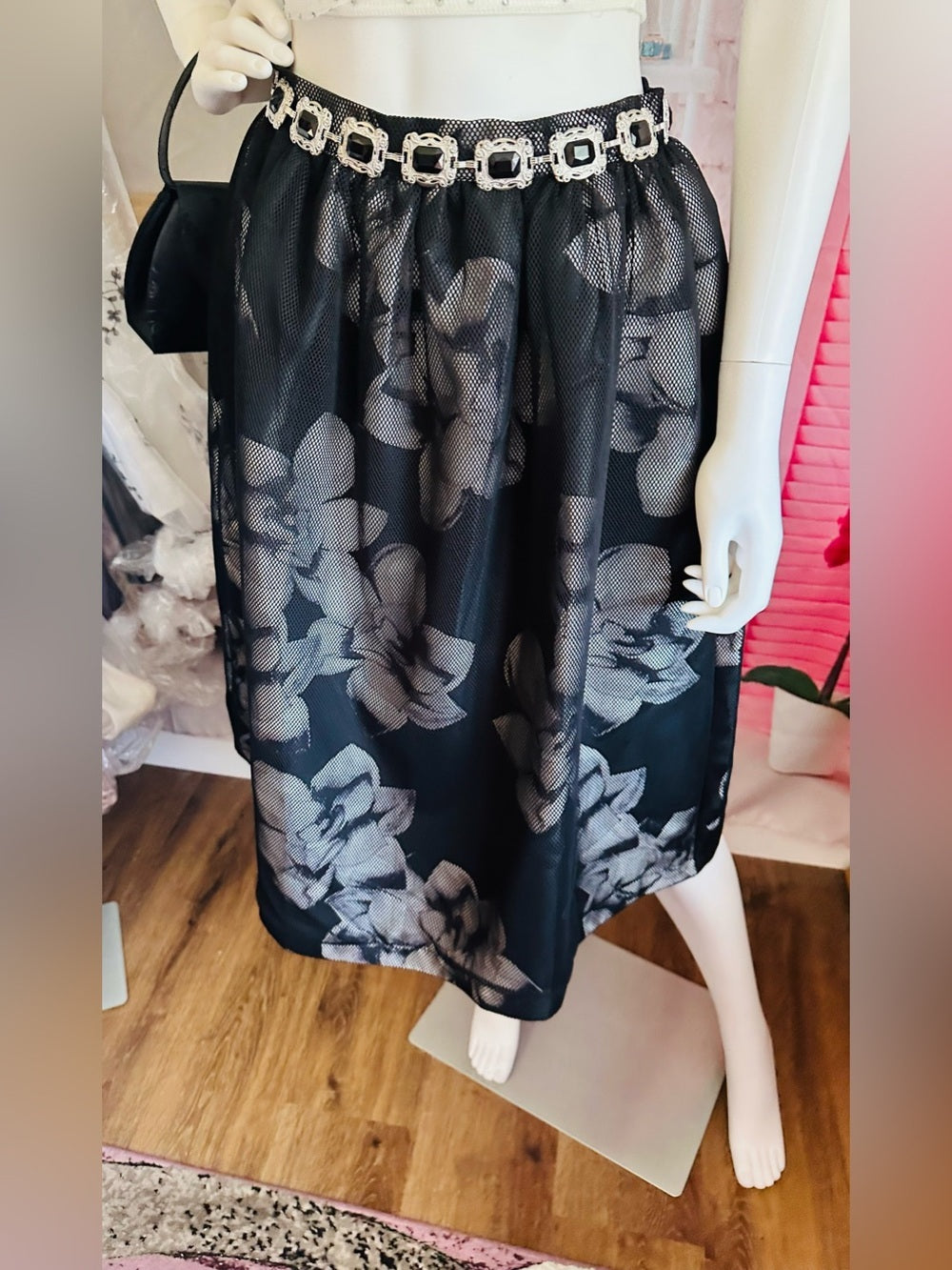 Forever 21 Black Mesh Floral Midi Skirt