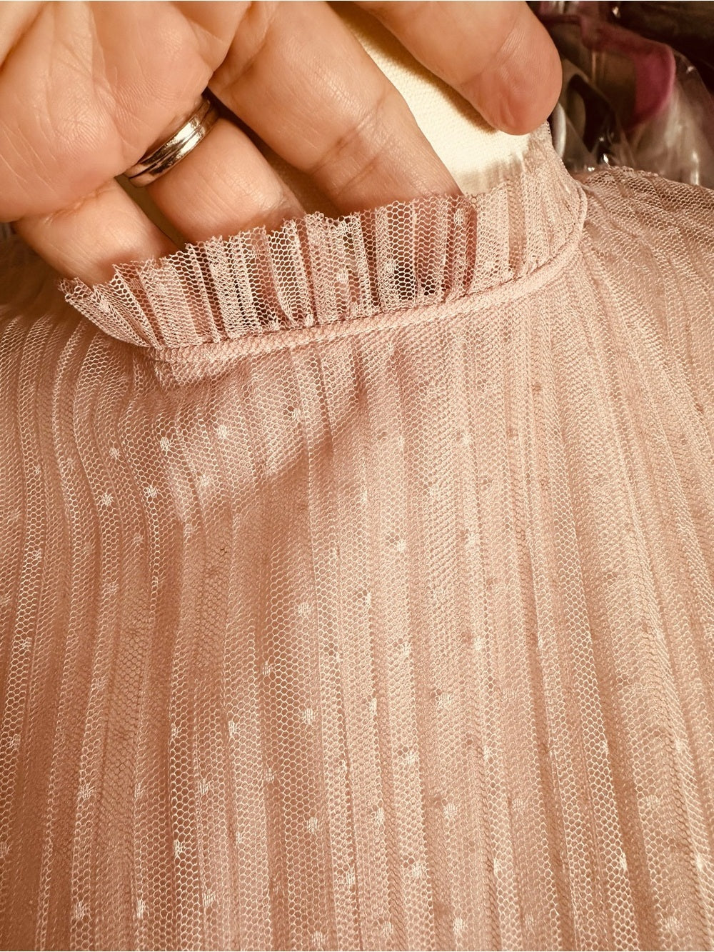 Chelsea28 Light Pink Swiss Dot Pleated Mesh Blouse