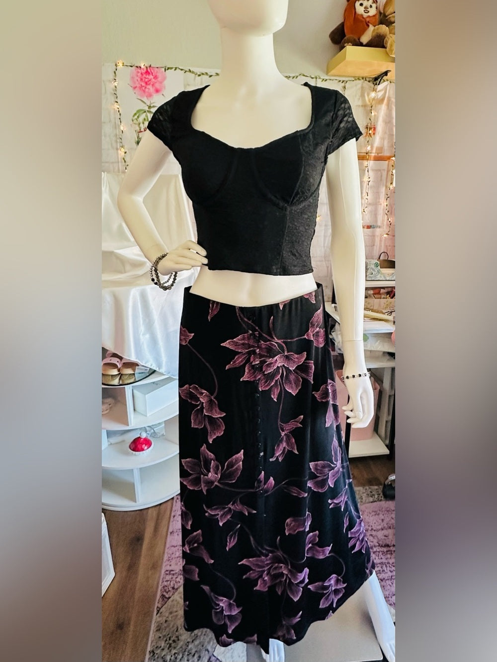 Briggs New York Black Pink Floral Button Front Maxi Skirt