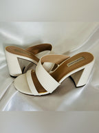 Saks Fifth Avenue Ivory Ribbed Strap Block Heel Mule Sandals