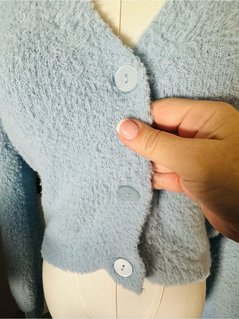 No Boundaries Blue Fuzzy Button Front Cropped Cardigan