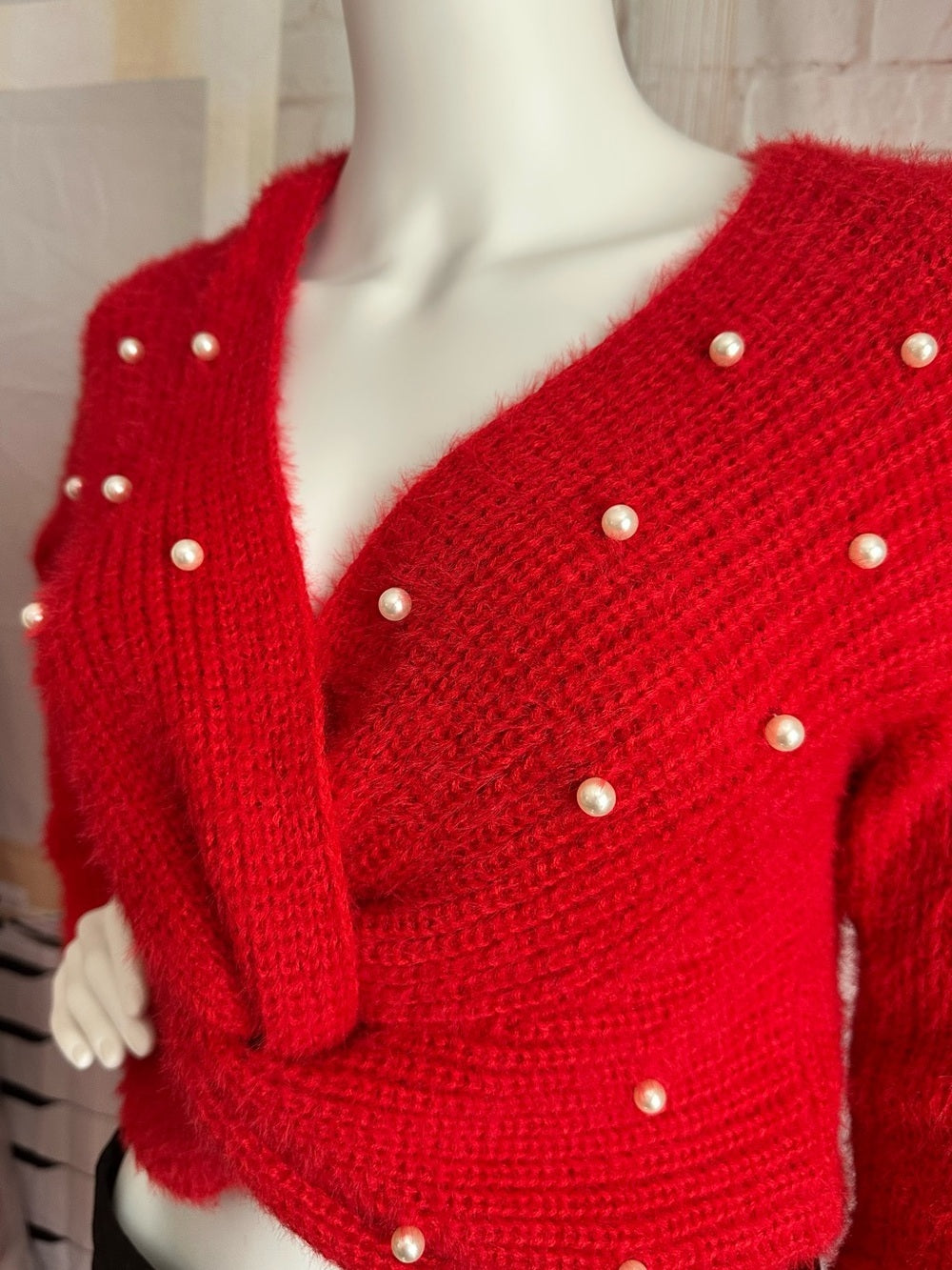 No Boundaries Red Fuzzy Pearl Embellished Twist Front Sweater