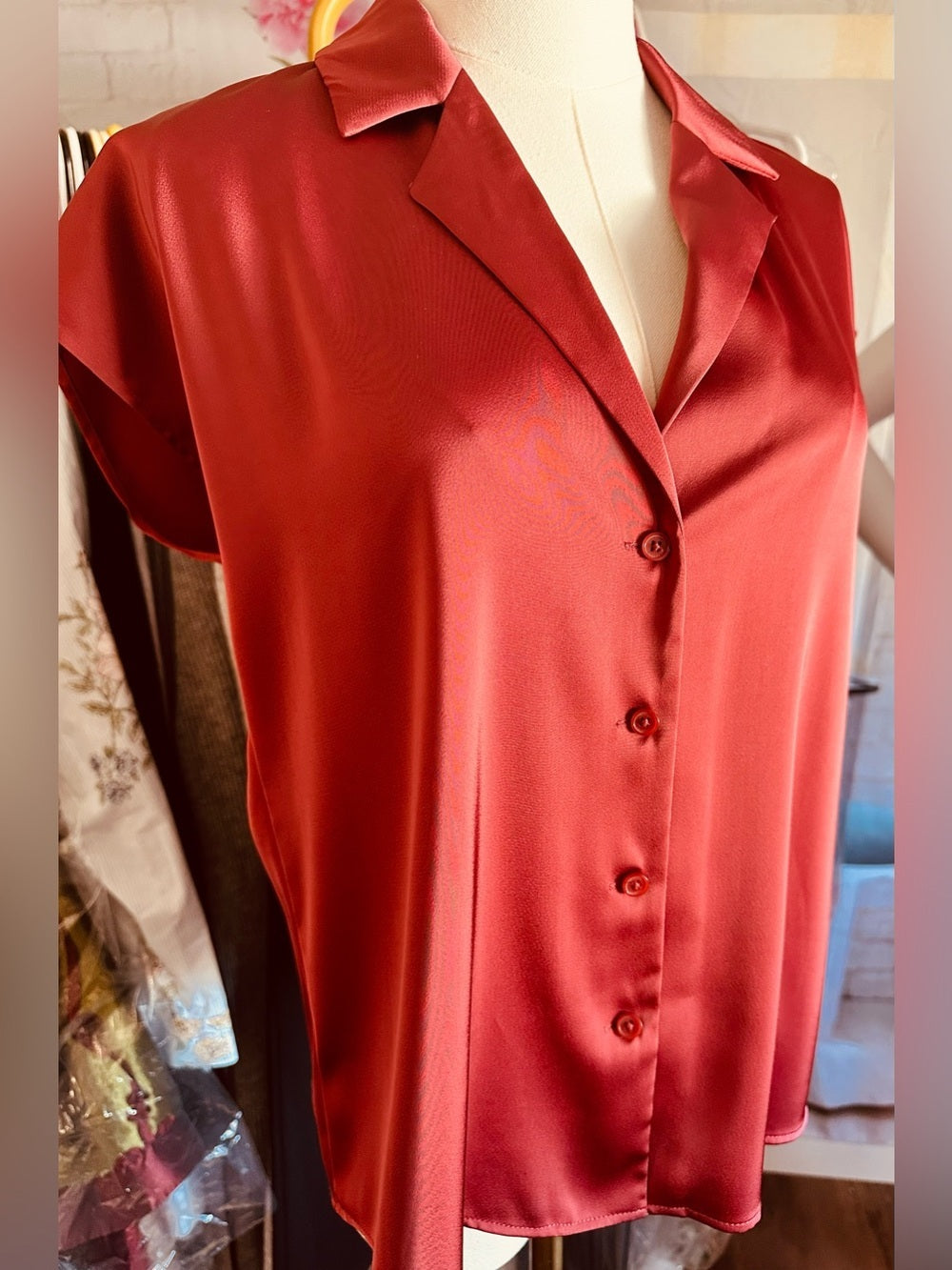 Halogen Satin V-Neck Front Button Blouse