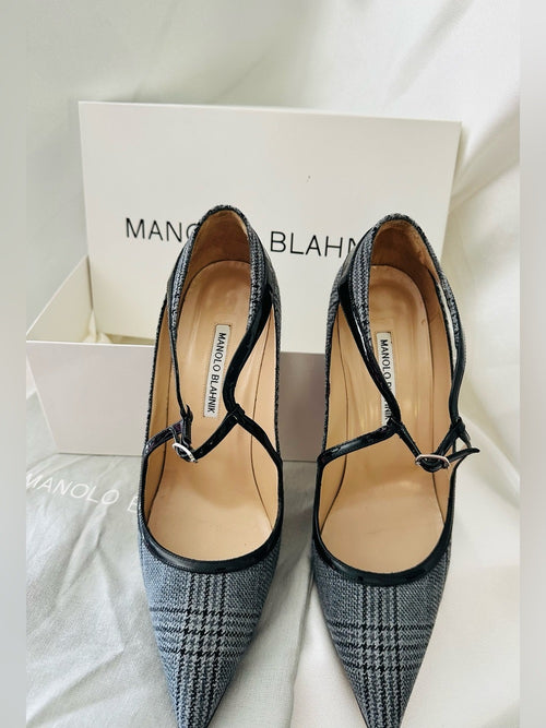 Authentic Manolo Blahnik “Mistery” Plaid T-Strap Pointed Toe Pumps