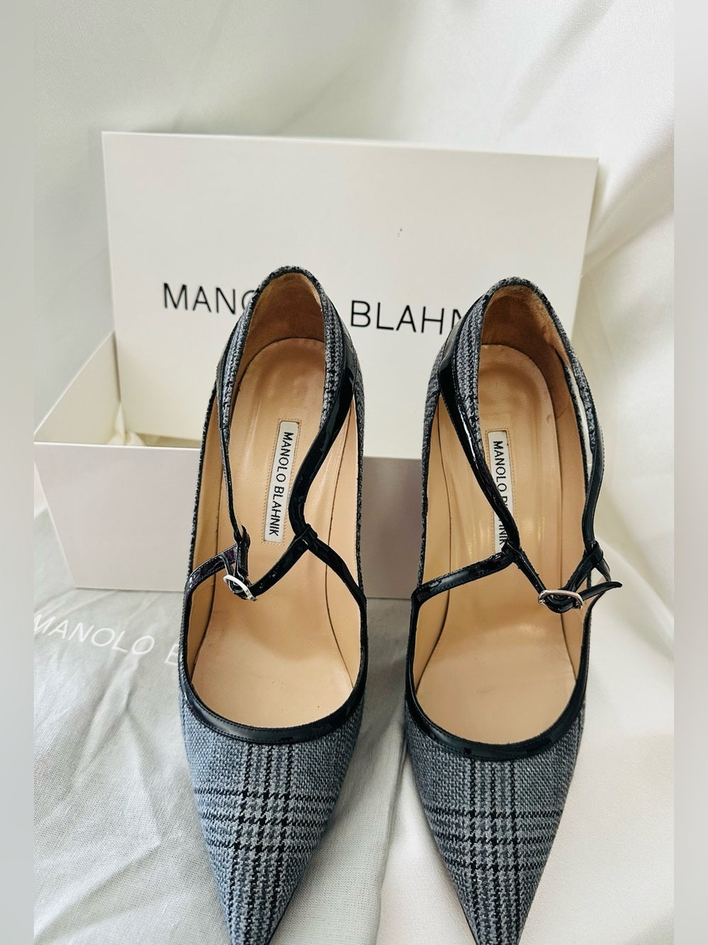 Authentic Manolo Blahnik “Mistery” Plaid T-Strap Pointed Toe Pumps