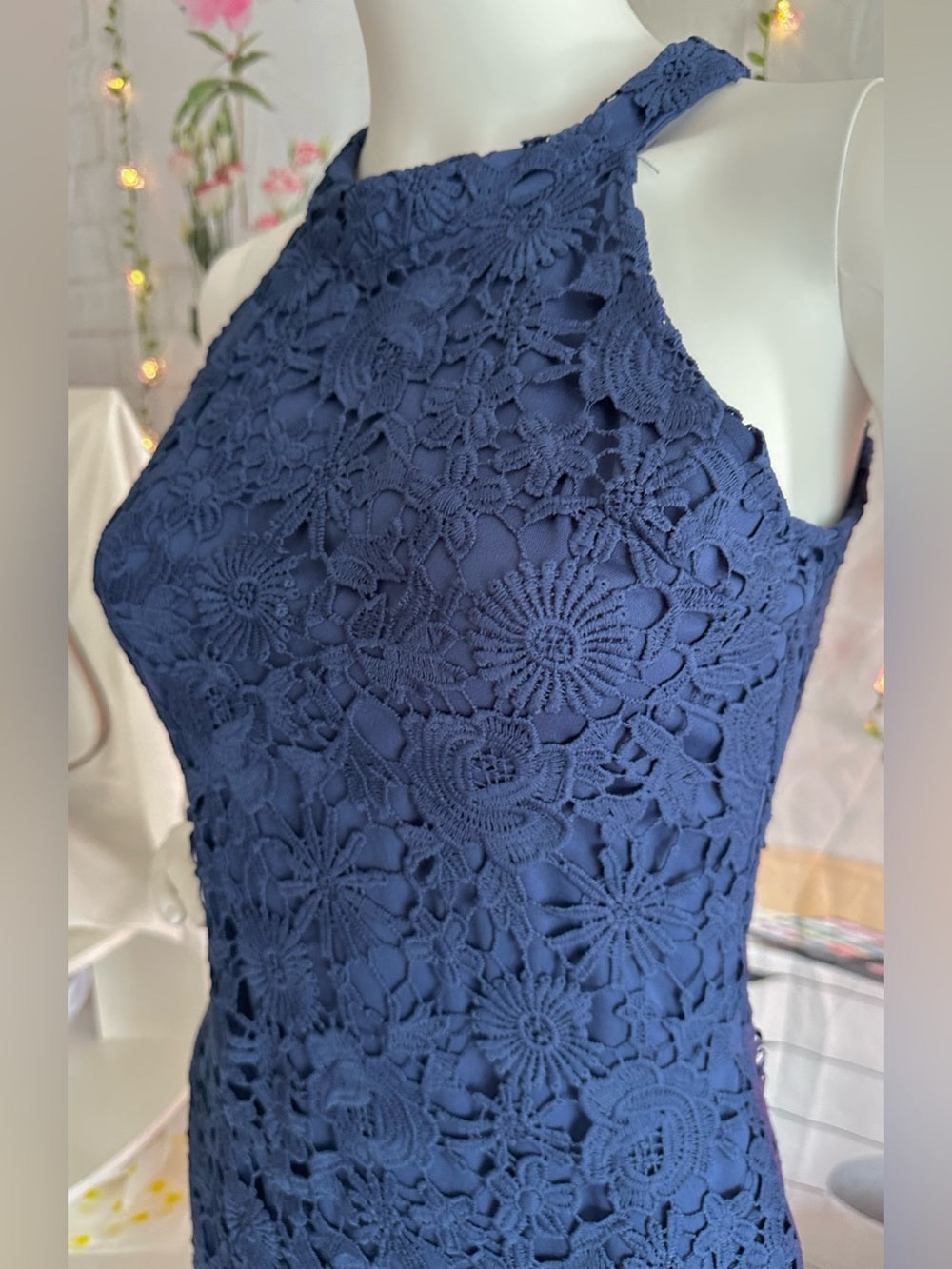 Nalati Navy Blue Guipure Floral Lace Halter Mini Dress