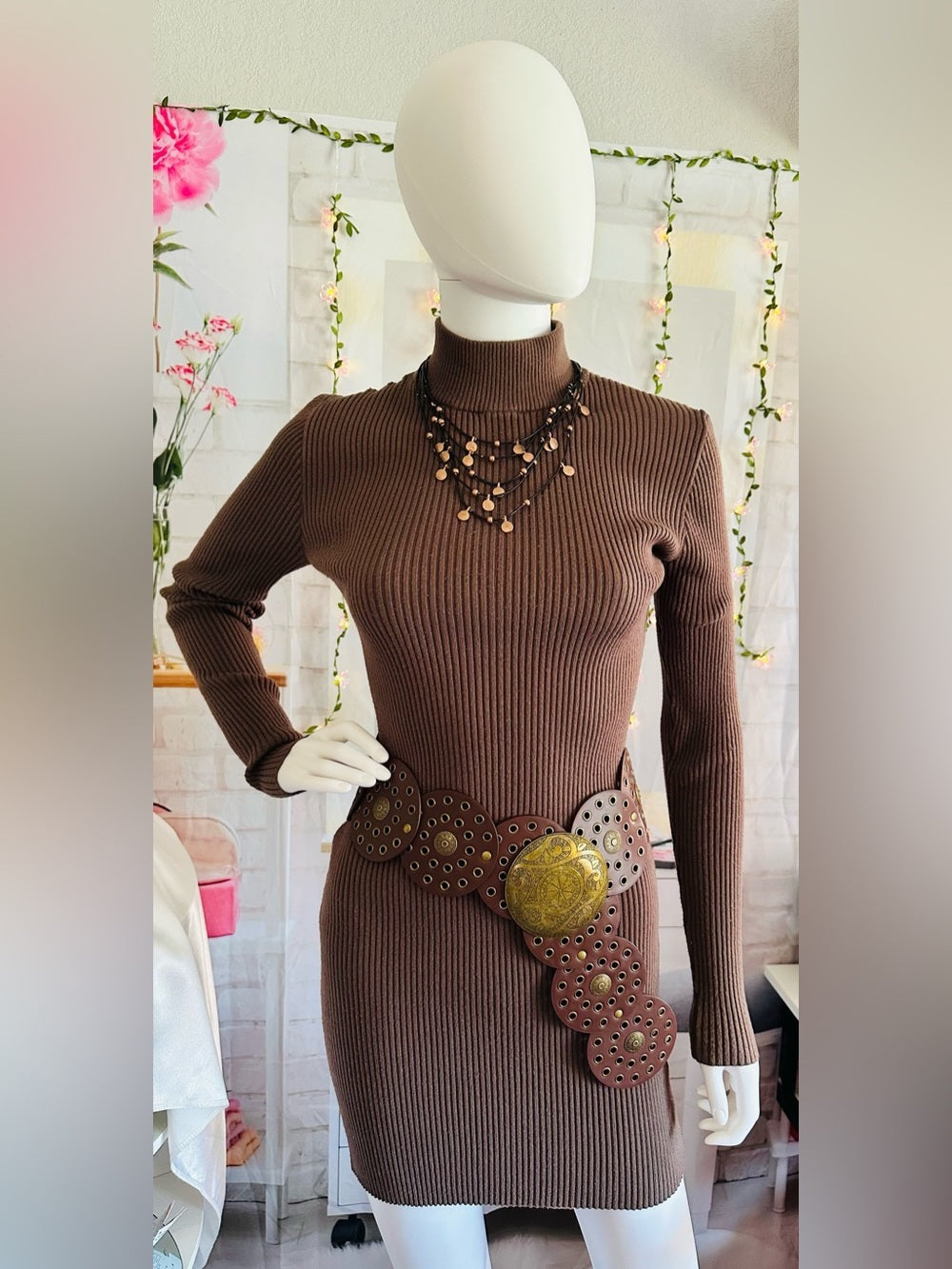 Forever 21 Brown Ribbed Turtleneck Bodycon Sweater Mini Dress