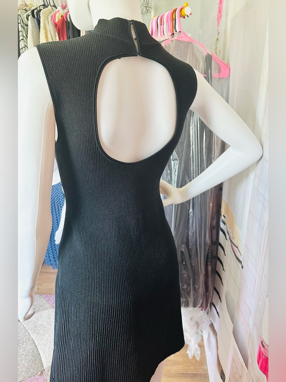 Theory Plaited Sleeveless Ribbed Knit Mock-Neck Dress—Black
