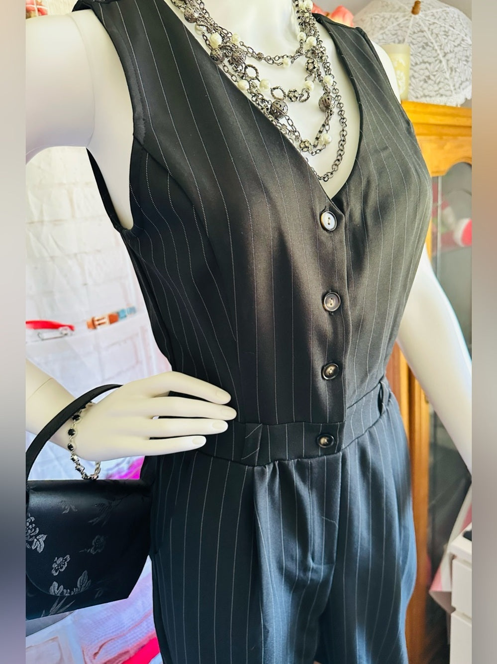 Monteau Black Pinstripe Sleeveless Wide Leg Jumpsuit