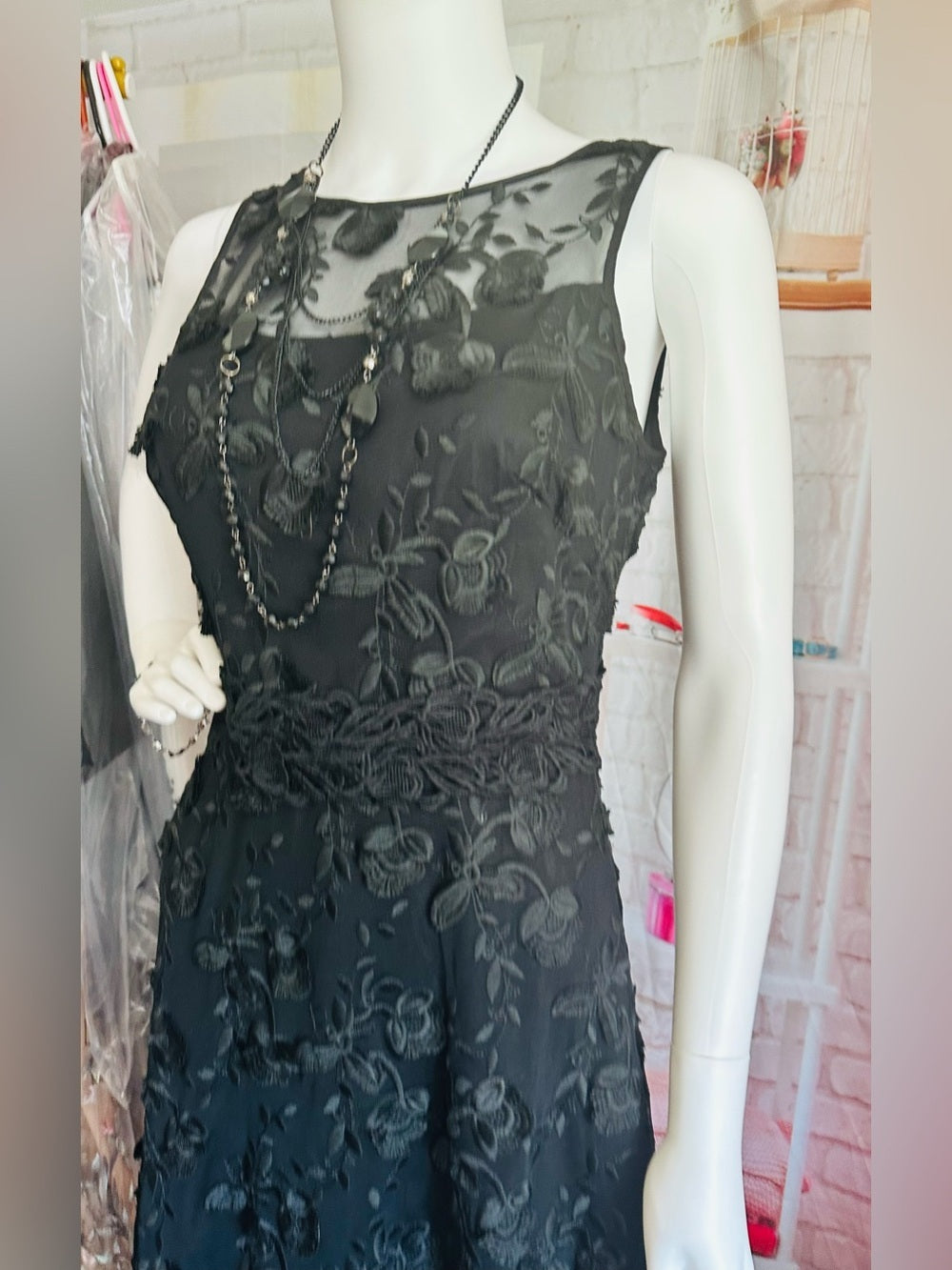 Black Floral Embroidered Mesh Fit & Flare Dress