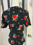 Meraki Black Floral Wrap Peplum Blouse Tie Waist Flutter Sleeve