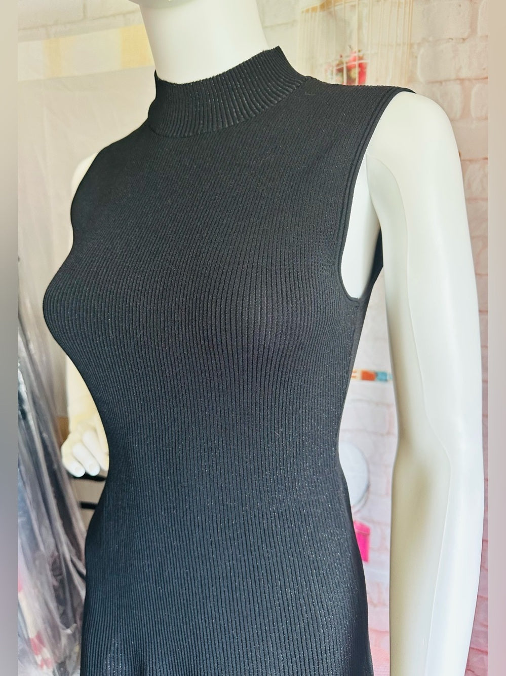 Theory Plaited Sleeveless Ribbed Knit Mock-Neck Dress—Black