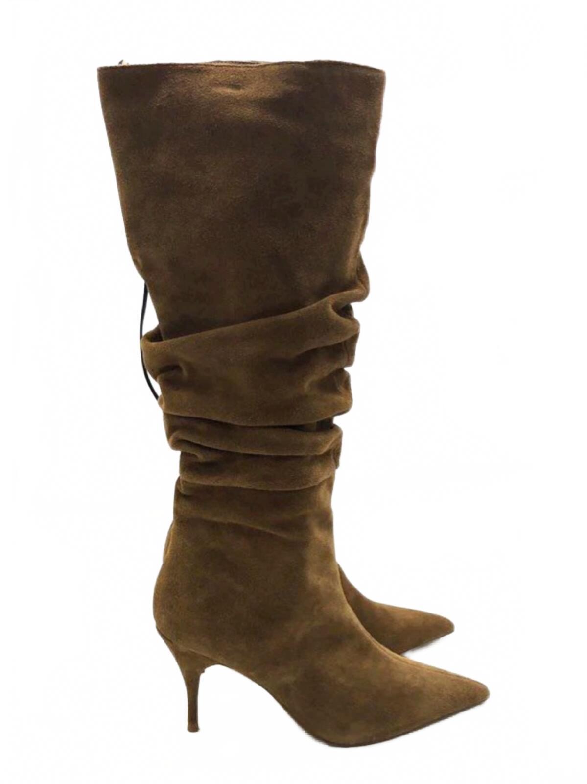 Genuine Suede Slouchy Pointed Toe Heel Boots in Olive Green