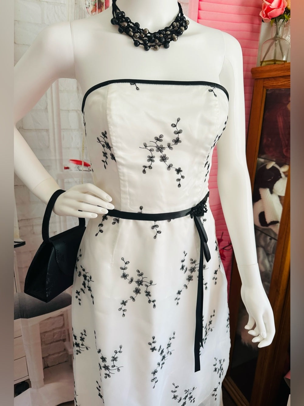 Jessica McClintock White Strapless Dress with Black Floral Embroidery