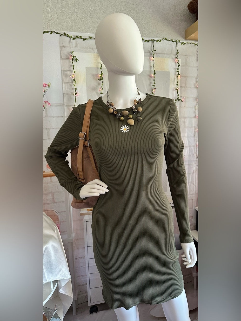 wild fable Olive Ribbed Long Sleeve Bodycon Dress with Daisy Patch