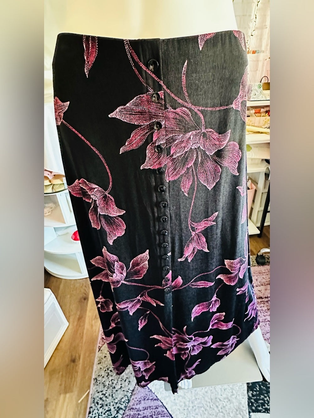Briggs New York Black Pink Floral Button Front Maxi Skirt