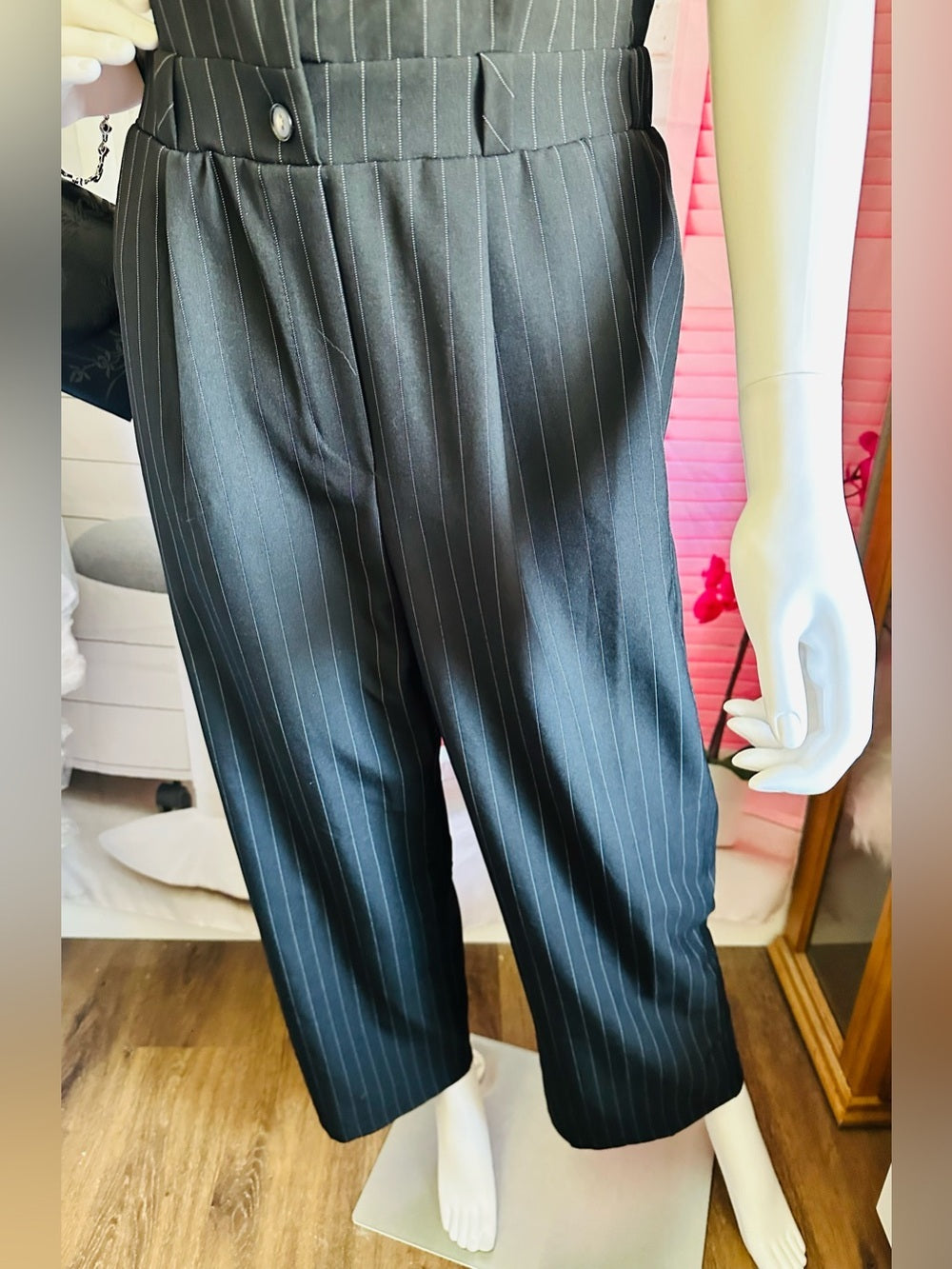 Monteau Black Pinstripe Sleeveless Wide Leg Jumpsuit