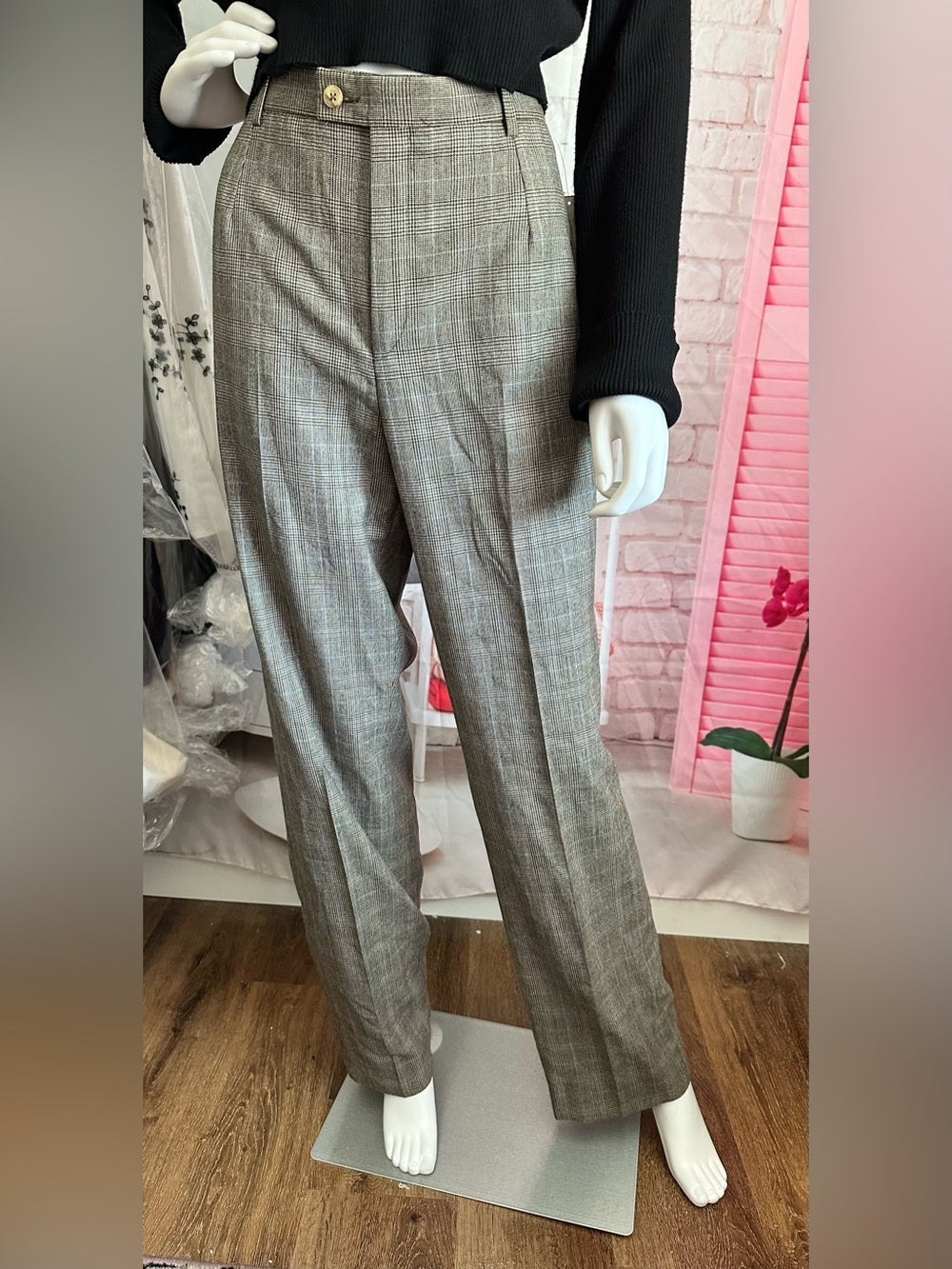 Barry Bricken Women's Brown Multi Plaid 100% Wool Straight Leg Pants