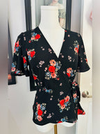 Meraki Black Floral Wrap Peplum Blouse Tie Waist Flutter Sleeve