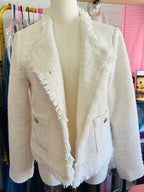Rachel Zoe Ivory Tweed Fringe Gold Button Blazer