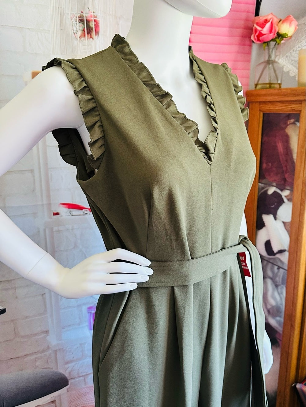 Calvin Klein Olive Green Ruffle Wide Leg Belted Jumpsuit