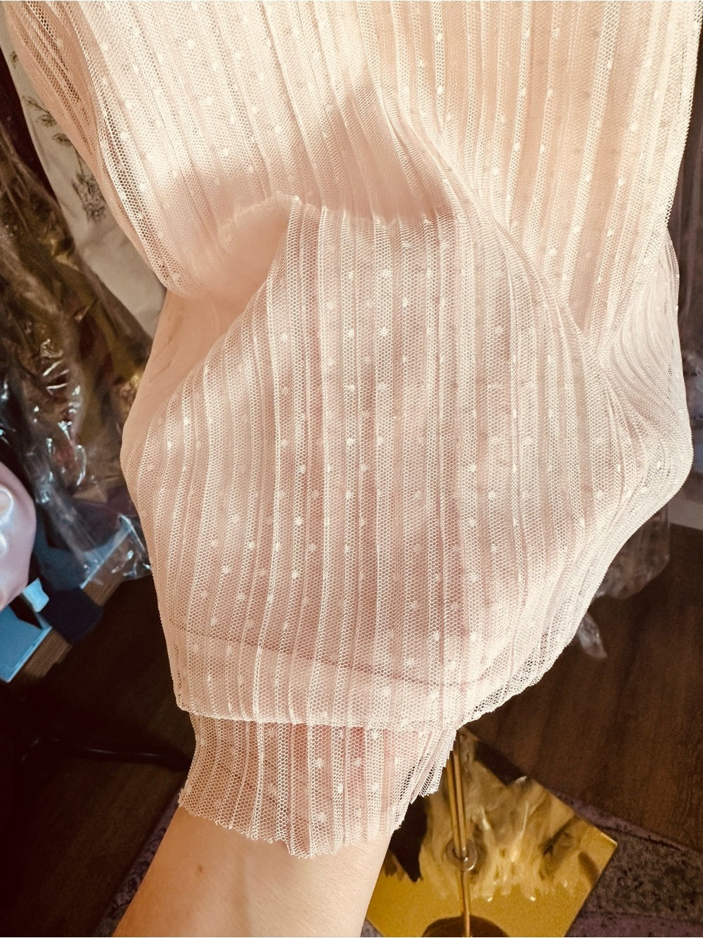 Chelsea28 Light Pink Swiss Dot Pleated Mesh Blouse