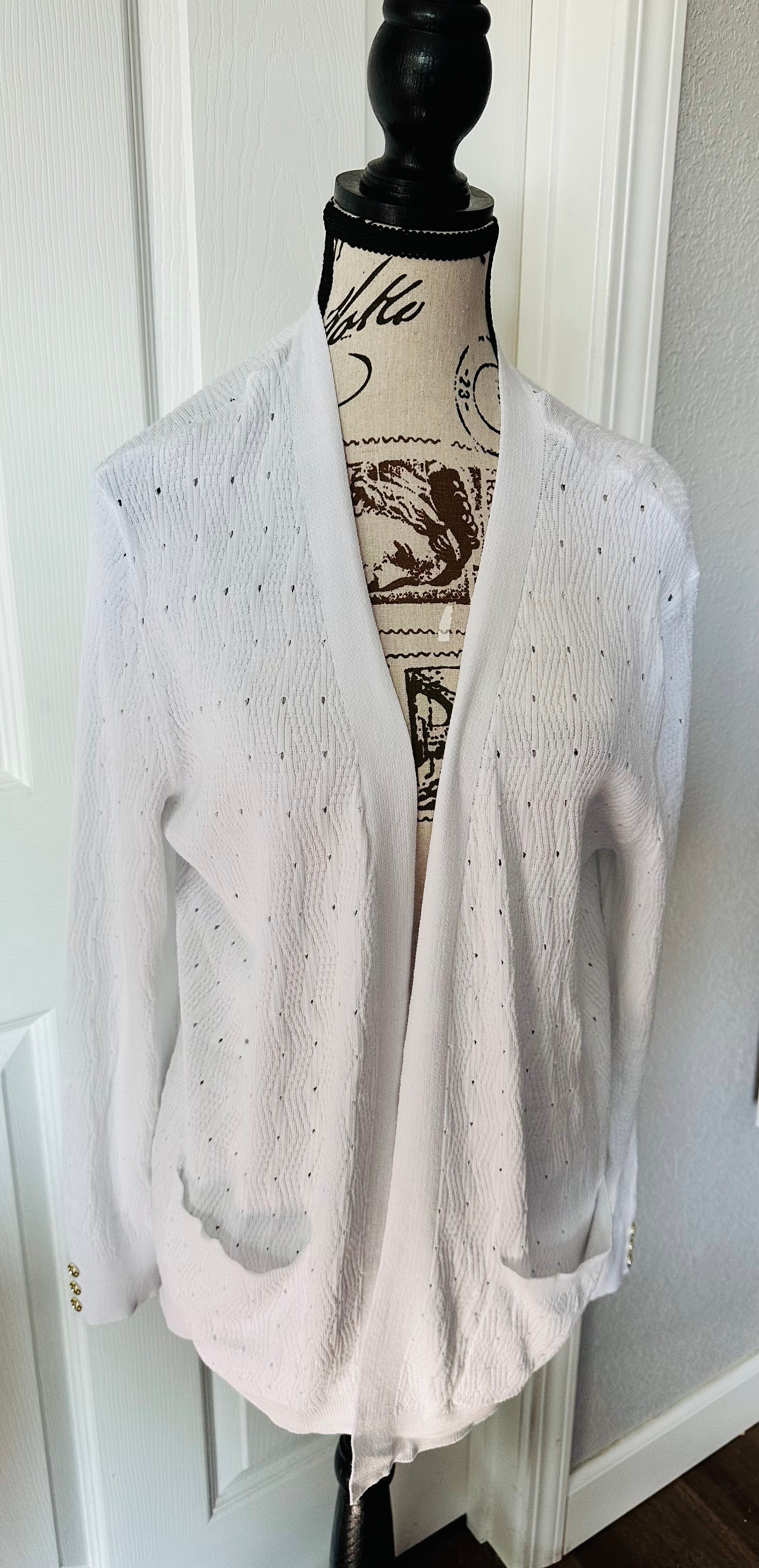 Verve Ami White Open-Front Knit Cardigan with Subtle Dot Detail