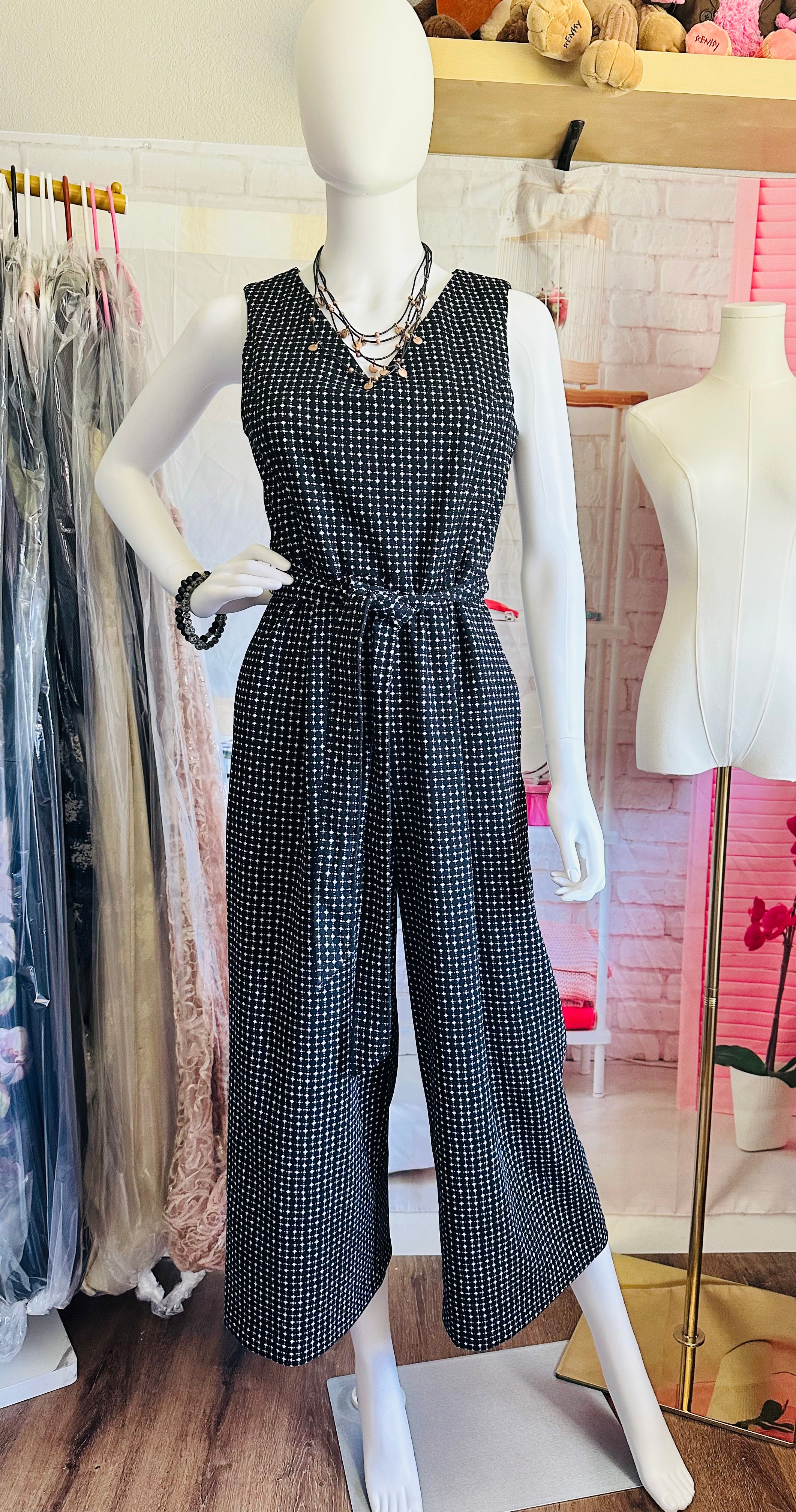 Calvin Klein Wide Leg Belted Geometric Print Jumpsuit