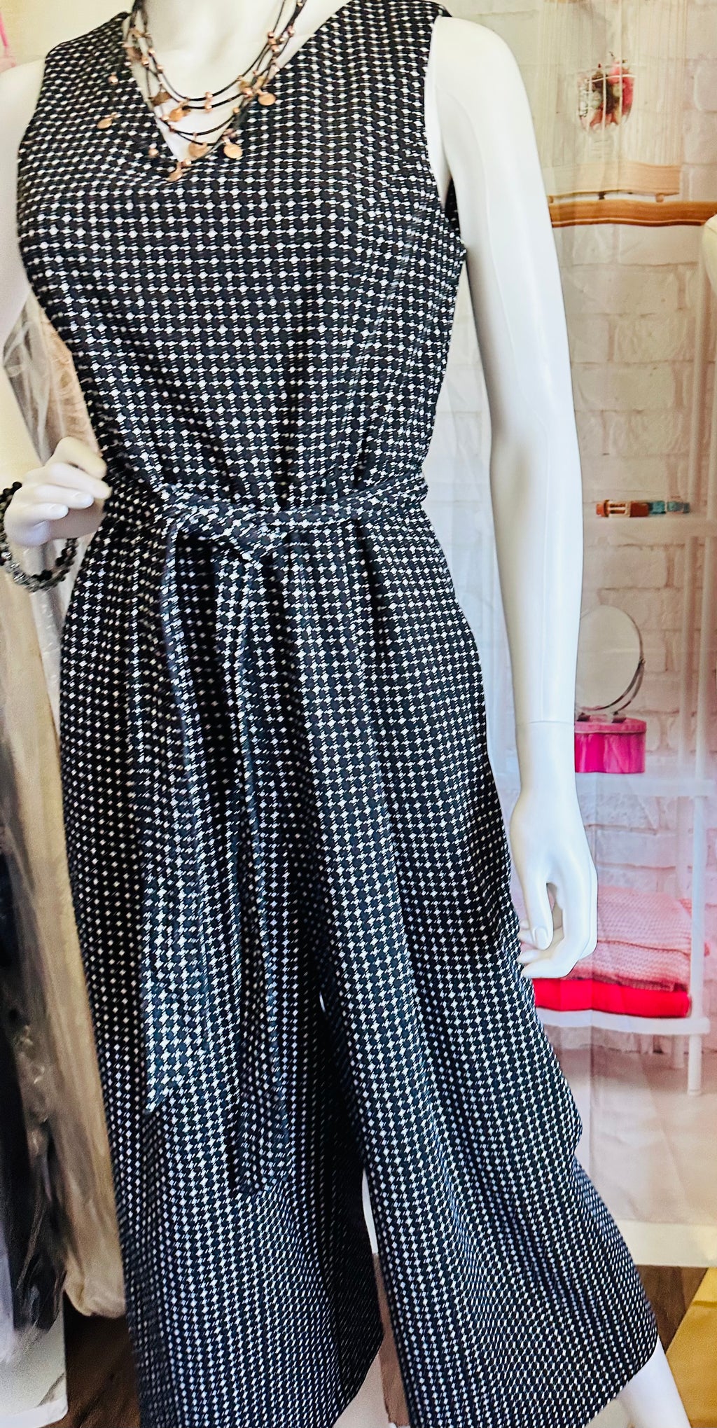 Calvin Klein Wide Leg Belted Geometric Print Jumpsuit