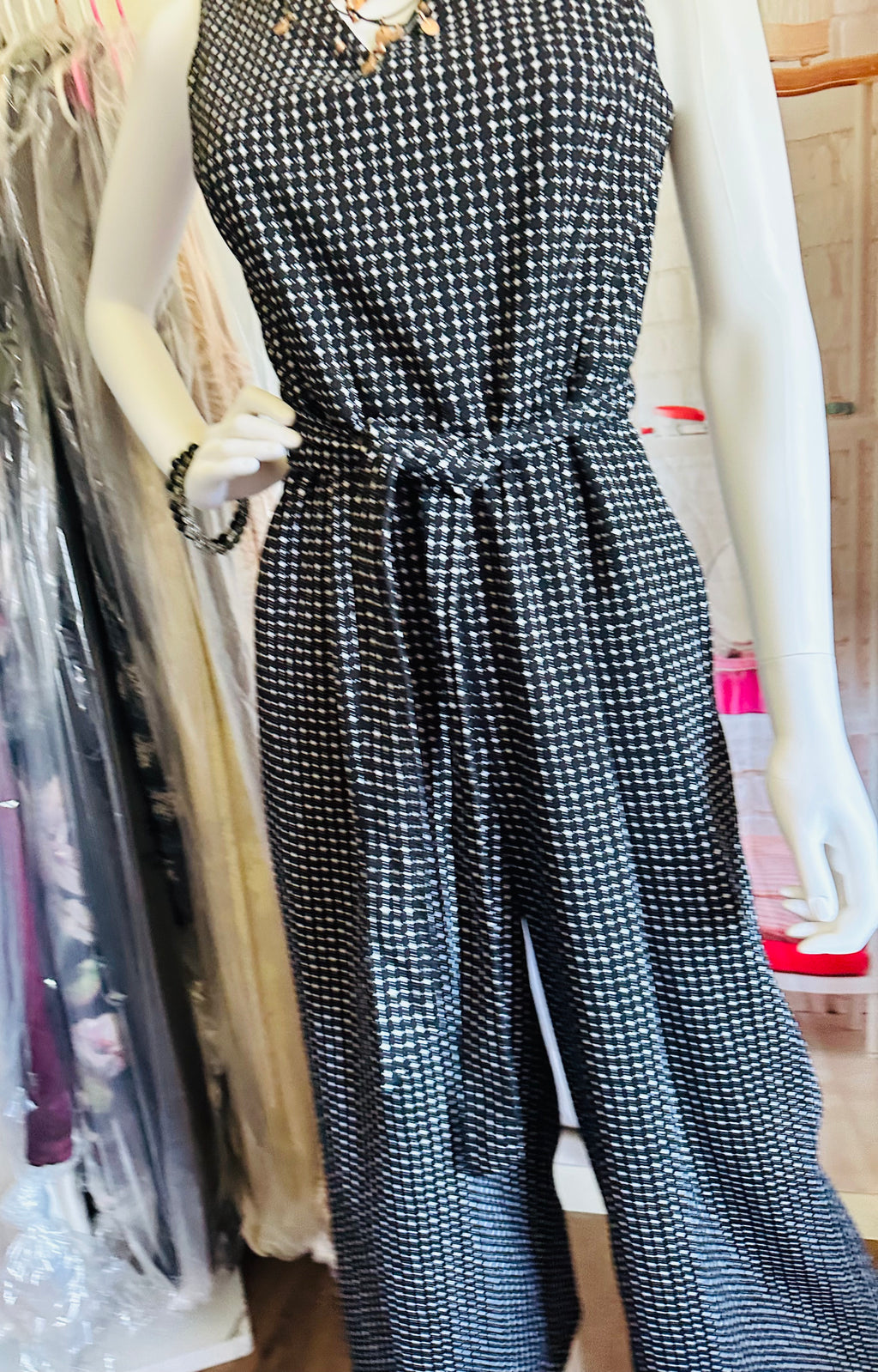 Calvin Klein Wide Leg Belted Geometric Print Jumpsuit