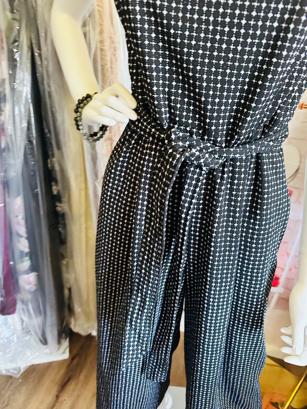 Calvin Klein Wide Leg Belted Geometric Print Jumpsuit