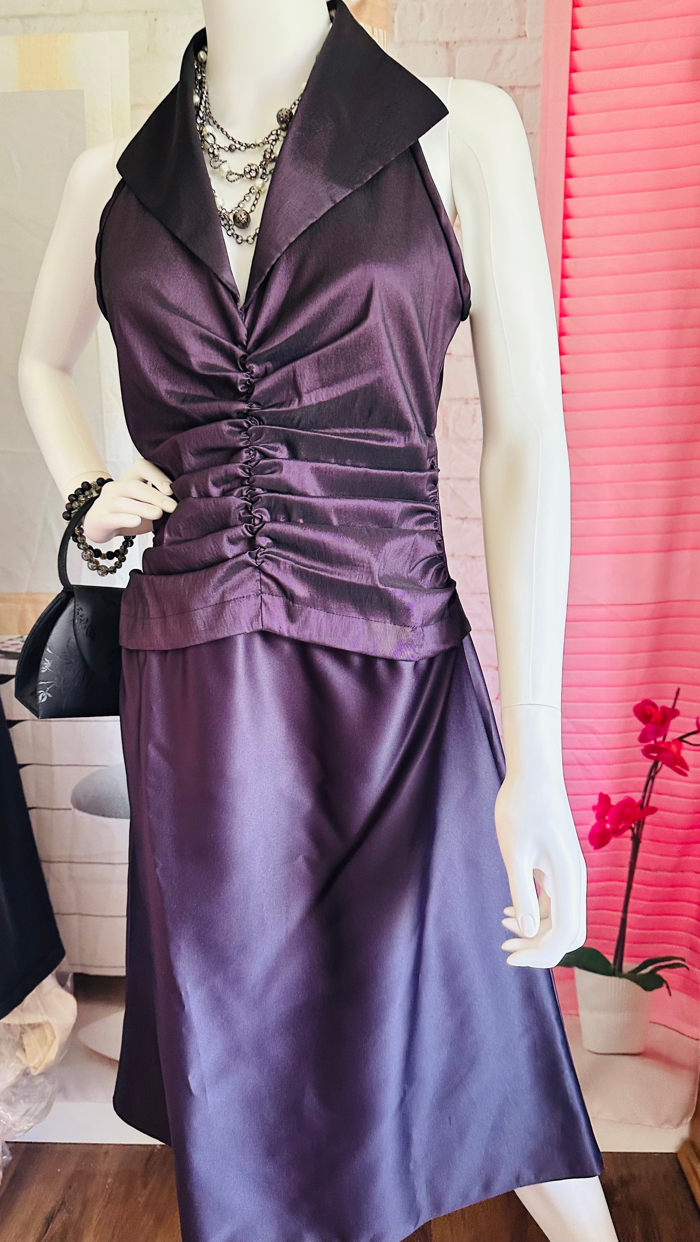 Tadashi Shoji Plum Ruched Halter Gown