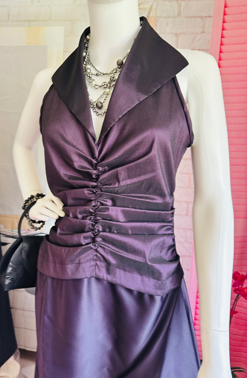 Tadashi Shoji Plum Ruched Halter Gown