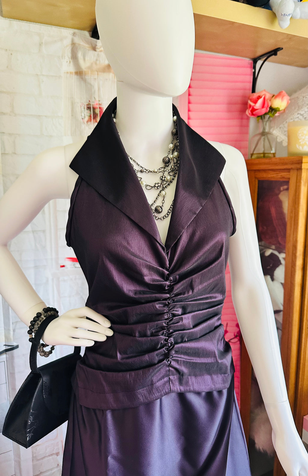 Tadashi Shoji Plum Ruched Halter Gown