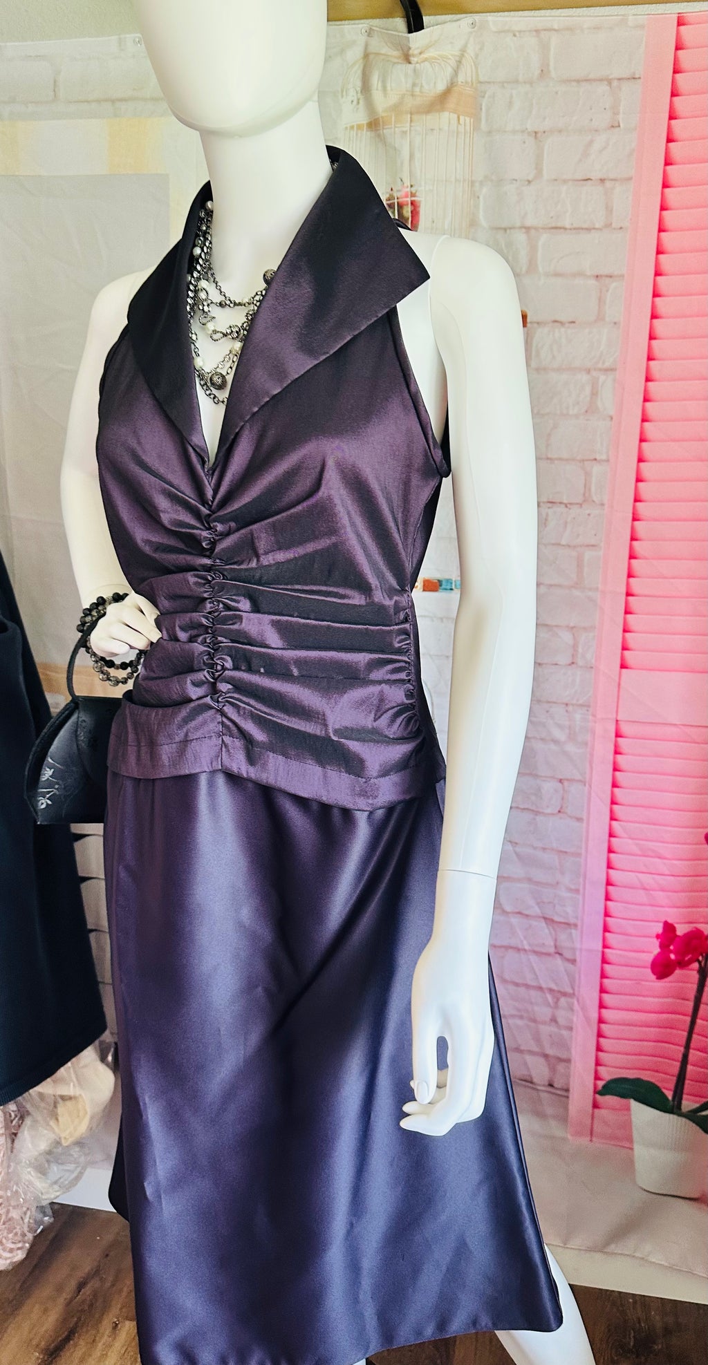 Tadashi Shoji Plum Ruched Halter Gown